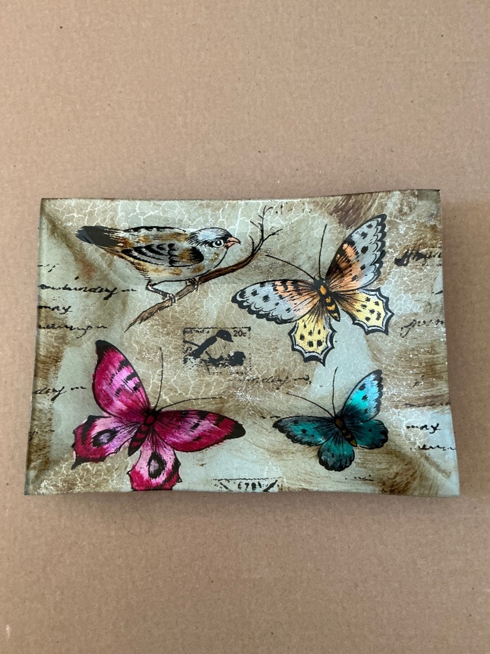Fused Art Glass Serving Tray Butterfly Bird Display